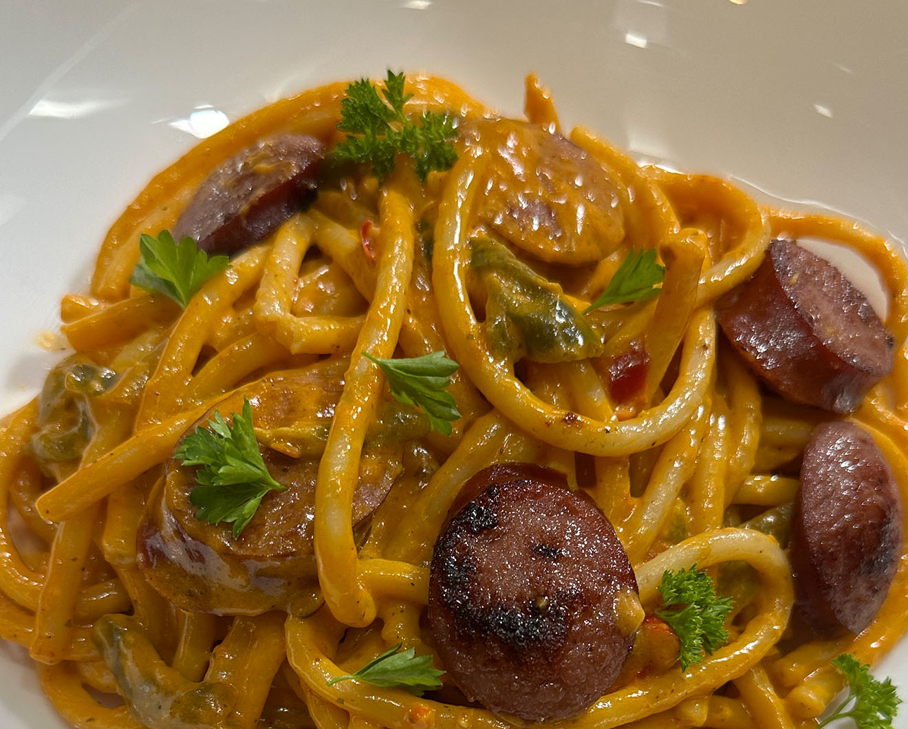 Image of Spicy Creamy Pasta with Smoked Turkey Sausage.