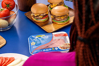 Burgers and Butterball products on a table.