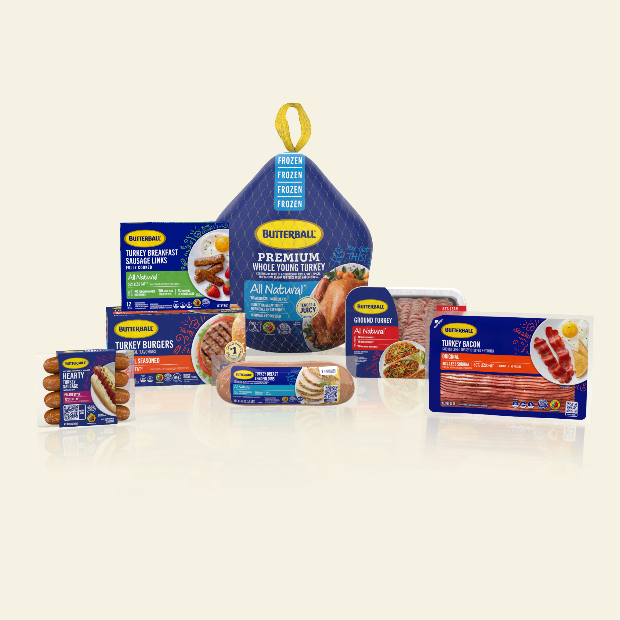 A selection of Butterball products with new, redesigned packaging on a tan background.