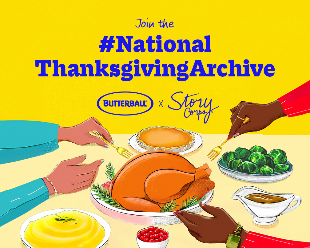 Graphic depicting a cartoon style thanksgiving table and people reaching for food with the caption "NationalThanksgivingArchive"