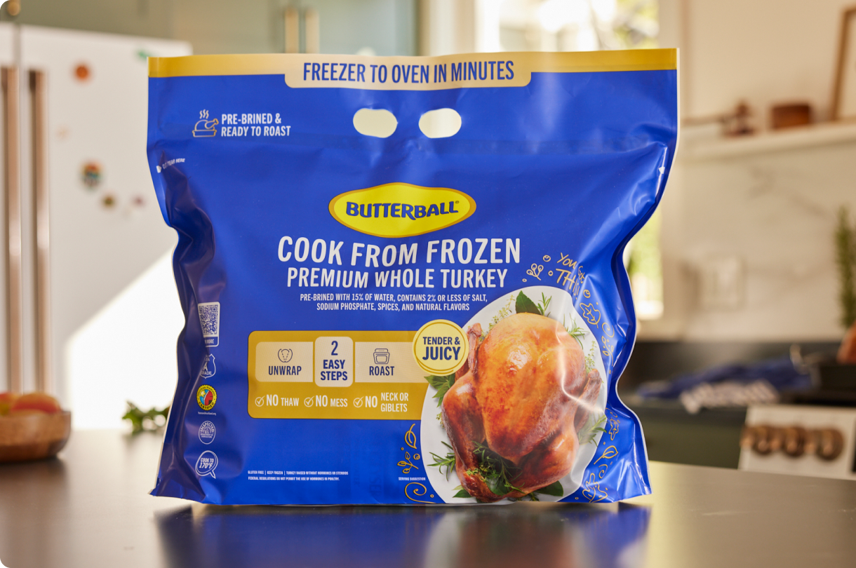 A Butterball Cook from Frozen turkey in its packaging.