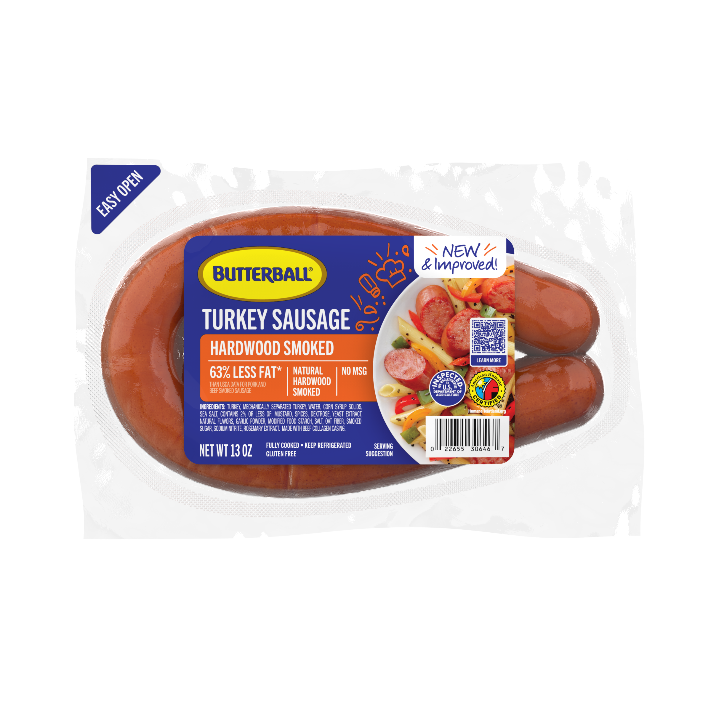 Butterball Hardwood Smoked Turkey Sausage packaging with product details.