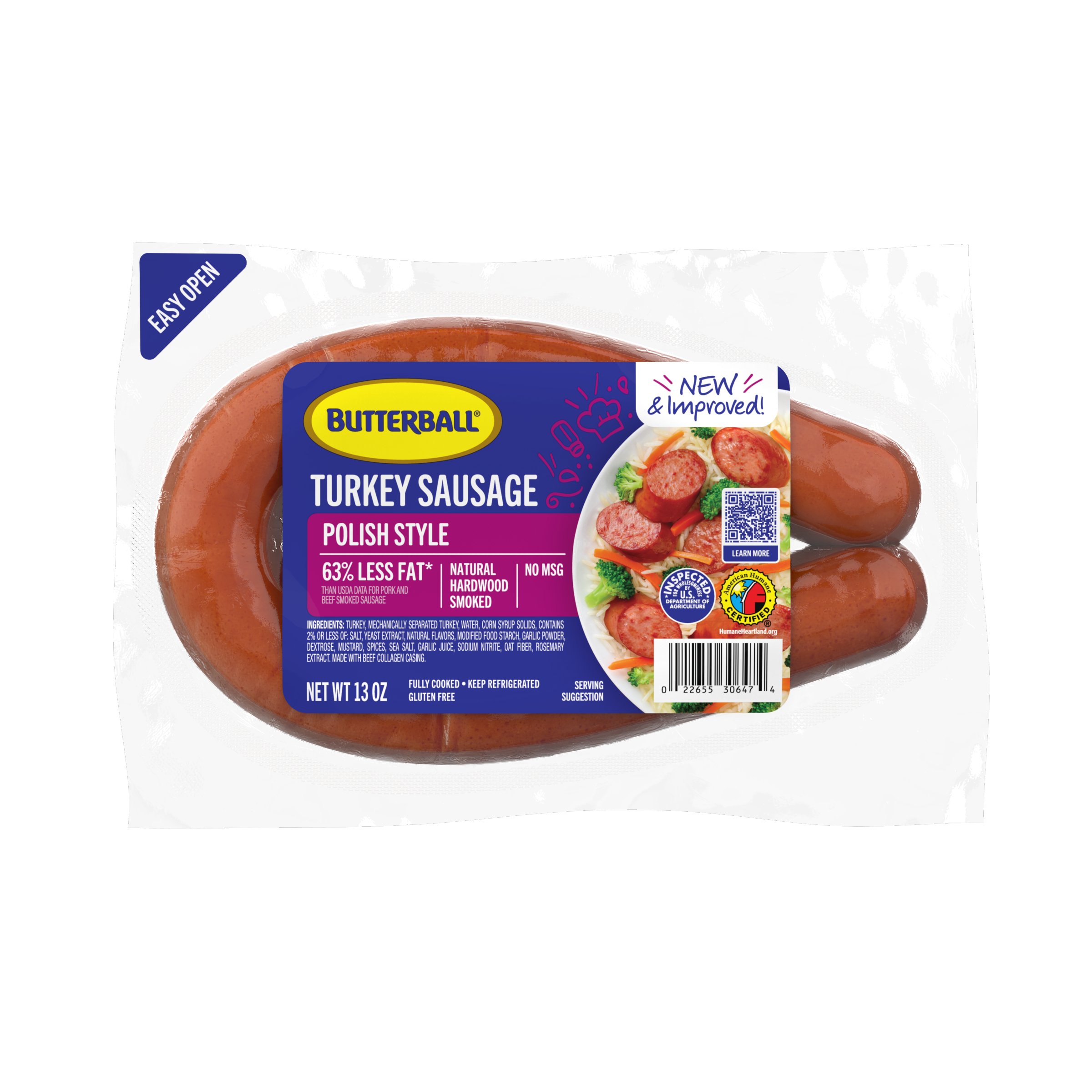 Butterball Polish Style Smoked Turkey Sausage packaging with product details.