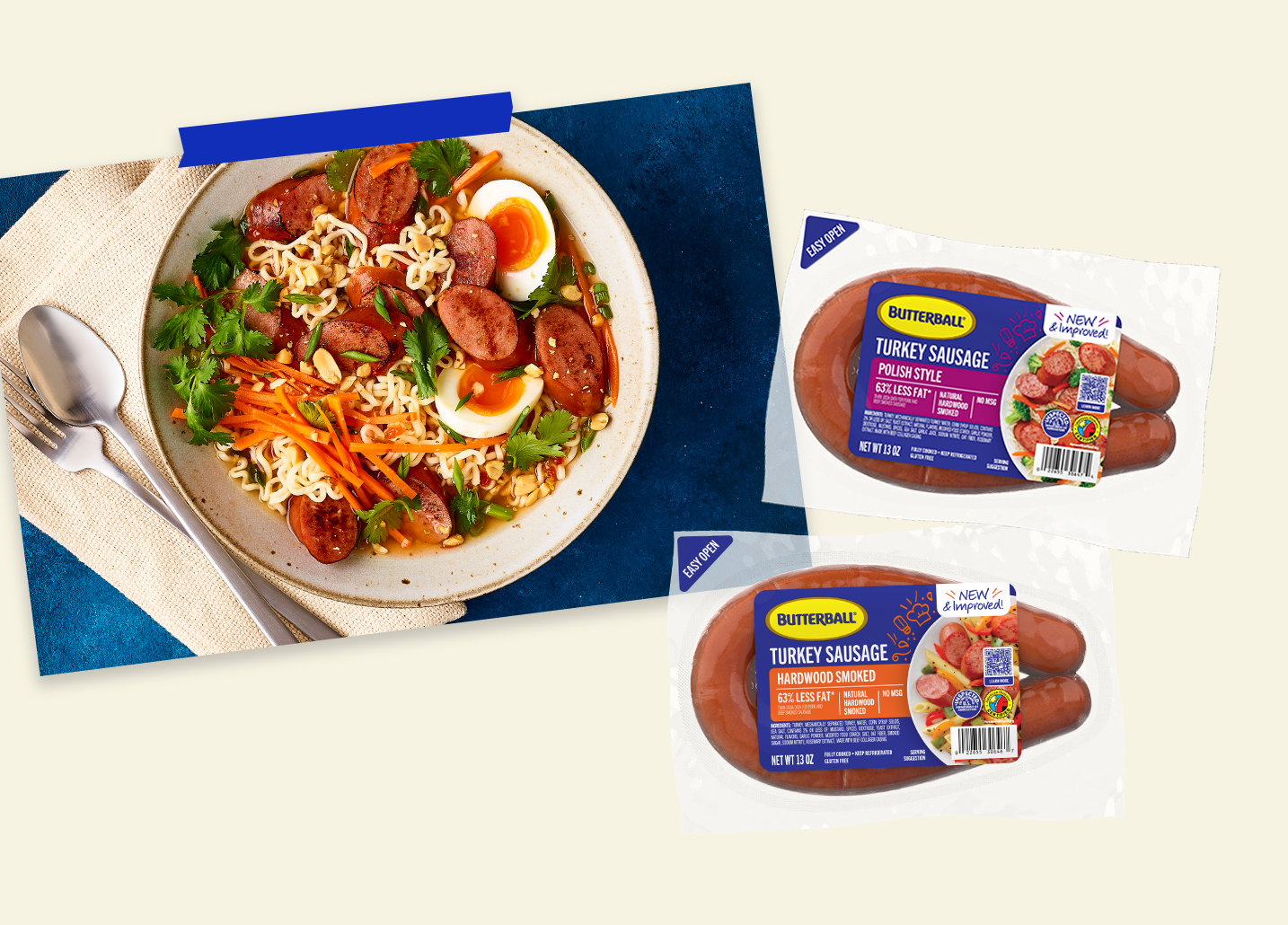 Butterball Turkey Sausage with bold new look, improved flavor, less sodium, and easy meal ideas.