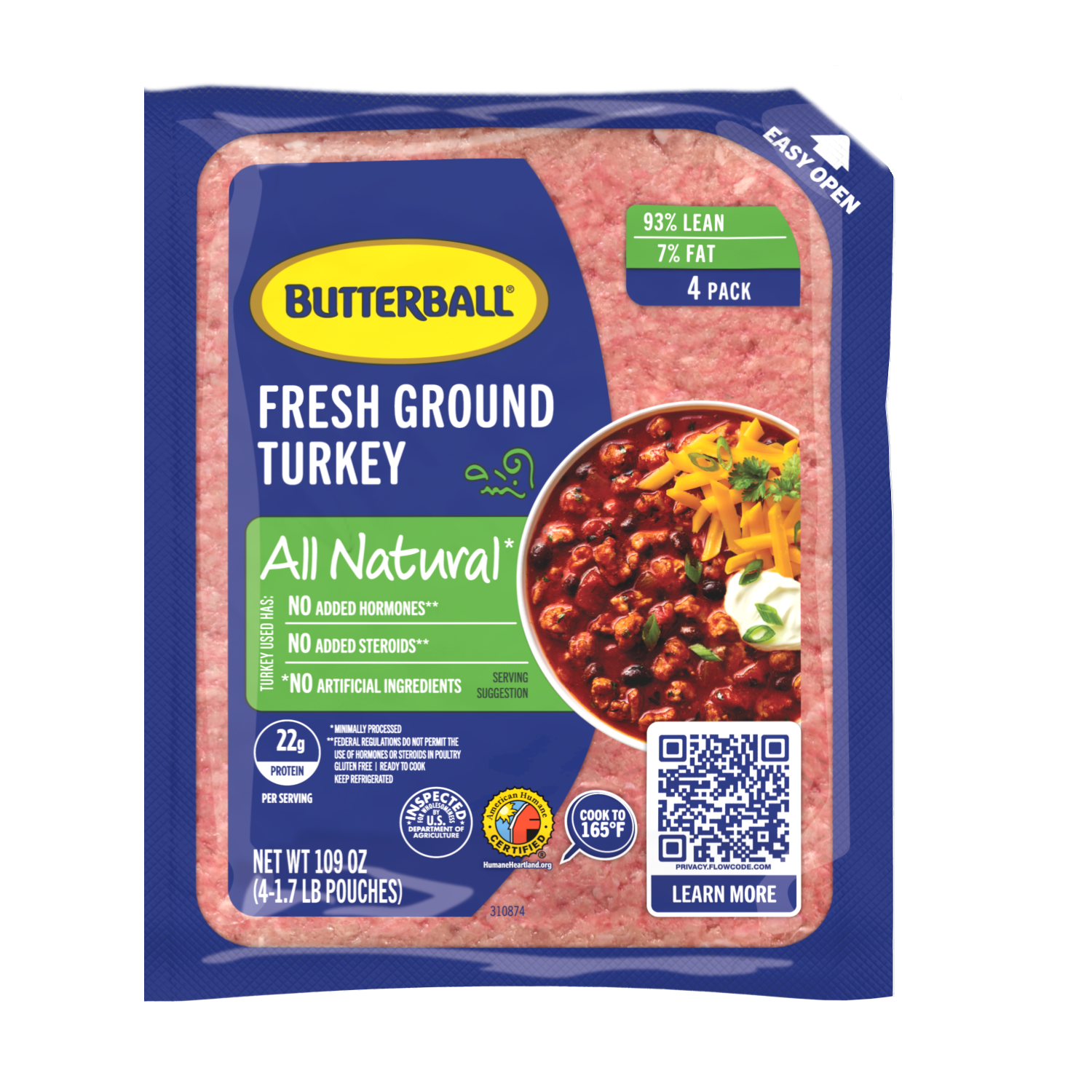 Package of Fresh All Natural Ground Turkey 93/7, labeled with 93% lean and 7% fat content.