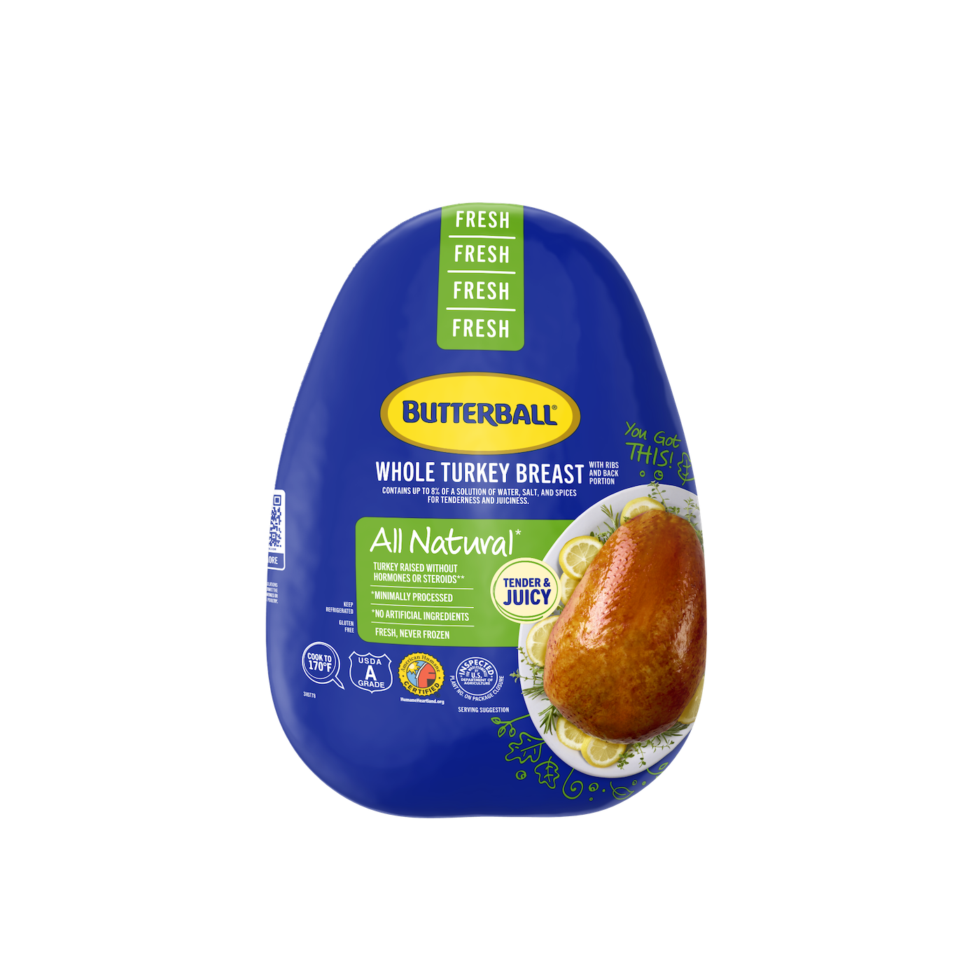 BB Fresh Bone-In Turkey Breast packaged in an 11 x 18 inch bag, ideal for roasting or baking.
