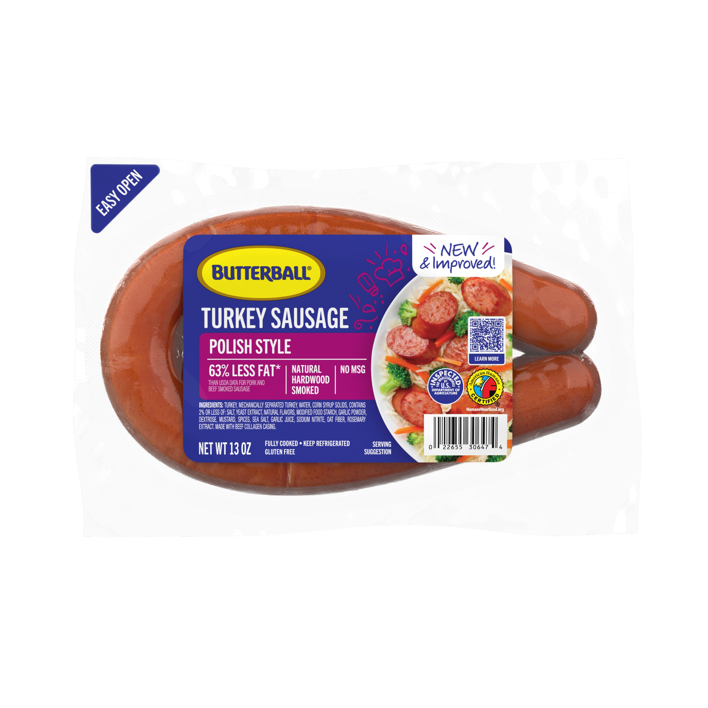Butterball Polish Style Smoked Turkey Sausage, 63% less fat, hardwood smoked, 13 oz package.