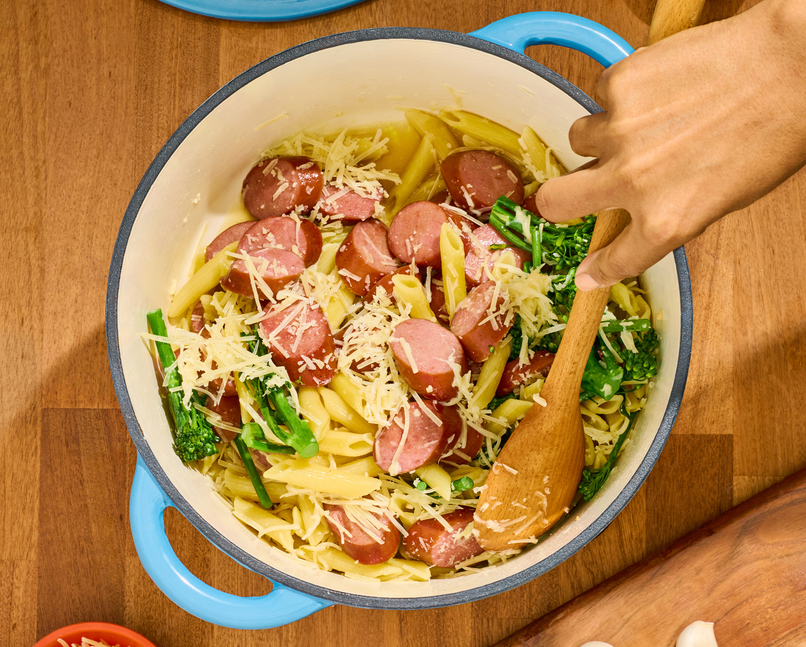 Overhead shot of a Butterball Turkey Sausage lemon broccolini pot of pasta.