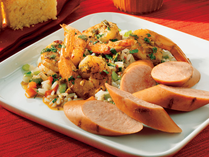 Image of Smoked Sausage with Louisiana BBQ Shrimp and Creole Rice
