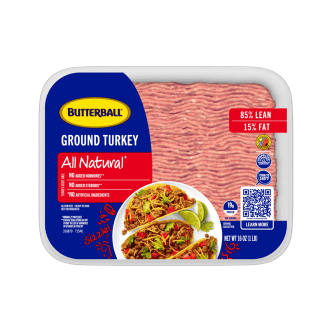  Butterball Ground Turkey packaging on a tray, all-natural and perfect for tacos, burgers, and more.
