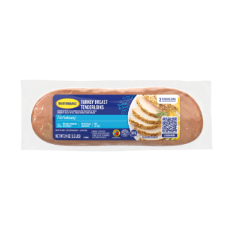 Butterball Turkey Breast Tenderloin packaging with a label showing sliced turkey and product info.