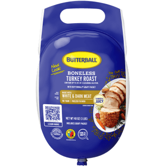 Butterball Boneless Frozen Turkey Roast with white and dark meat, includes gravy packet.