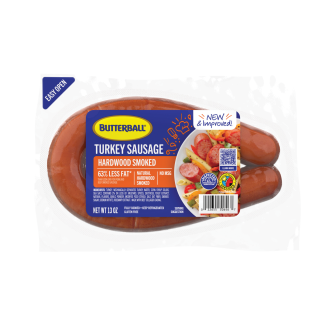 Butterball Hardwood Smoked Turkey Sausage, less fat, no MSG, gluten-free, 13 oz easy-open package.