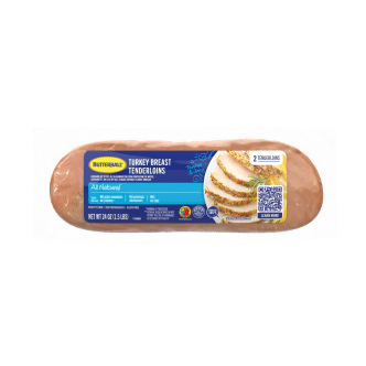 Butterball Turkey Breast Tenderloin packaging with a label showing sliced turkey and product info.