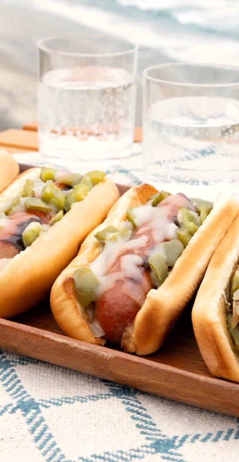 Smoked turkey sausages in buns with cheese and pickles, served on a tray at a seaside picnic table.