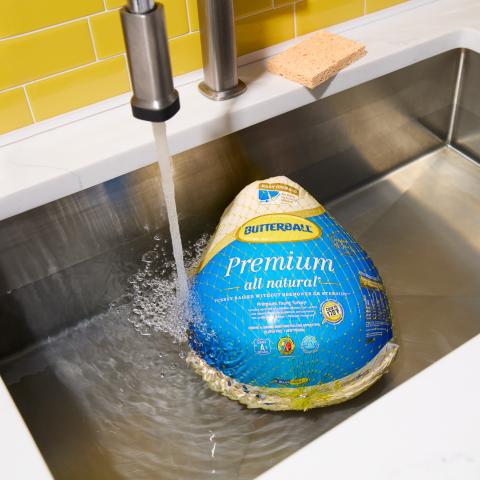 image of a turkey thawing in a stainless steel sink.