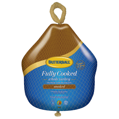 Butterball Frozen Fully Cooked Smoked Whole Turkey, packaged in a convenient netted bag.