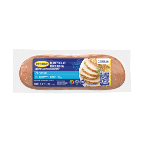 Butterball Turkey Breast Tenderloin packaging with a label showing sliced turkey and product info.
