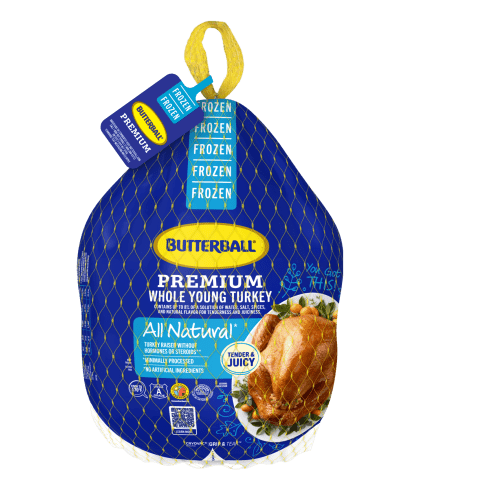 Premium Butterball Frozen Whole Turkey in its signature packaging, ready for thawing.