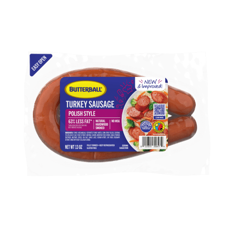 Butterball Polish Style Smoked Turkey Sausage, 63% less fat, hardwood smoked, 13 oz package.