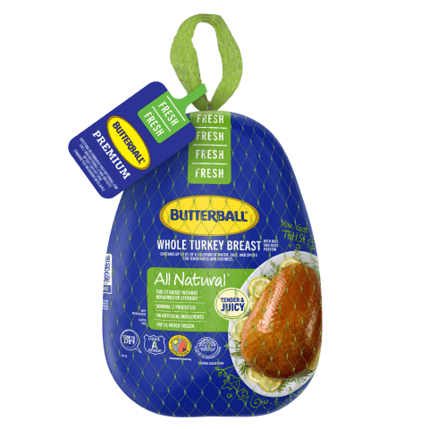 Fresh Bone-In Turkey Breast packaged in an 11 x 18 inch bag, ideal for roasting or baking.