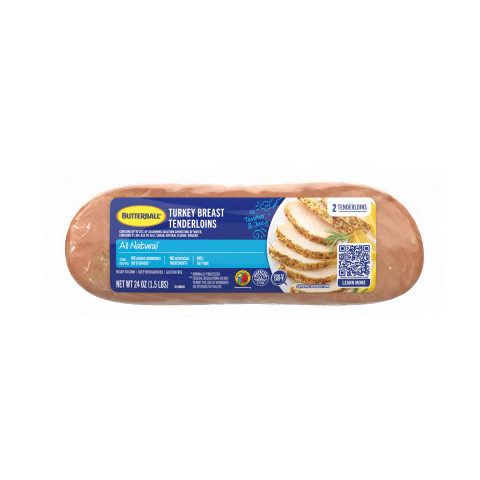 Butterball Turkey Breast Tenderloin packaging with a label showing sliced turkey and product info.