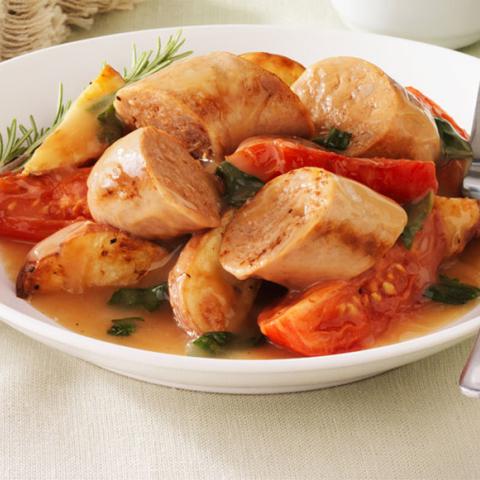 Image of Roasted Italian Style Sausage Potatoes and Tomatoes with Rosemary Basil Gravy