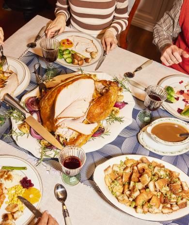 Close up view of a table with turkey dinner spread.