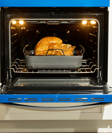 Turkey in a roasting pan sitting on an oven rack.