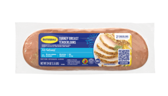 Butterball Turkey Breast Tenderloin packaging with a label showing sliced turkey and product info.