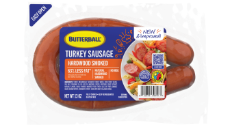 Butterball Hardwood Smoked Turkey Sausage, less fat, no MSG, gluten-free, 13 oz easy-open package.