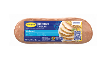 Butterball Turkey Breast Tenderloin packaging with a label showing sliced turkey and product info.