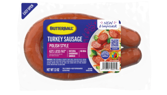 Butterball Polish Style Smoked Turkey Sausage, 63% less fat, hardwood smoked, 13 oz package.