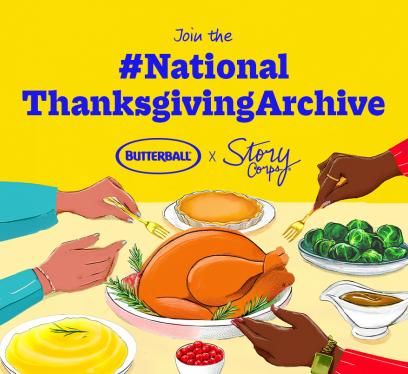 Graphic depicting a cartoon style thanksgiving table and people reaching for food with the caption "NationalThanksgivingArchive"