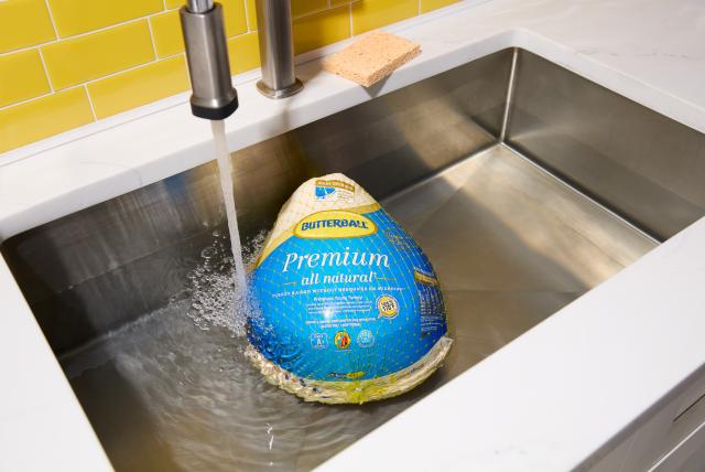 image of a turkey thawing in a stainless steel sink.