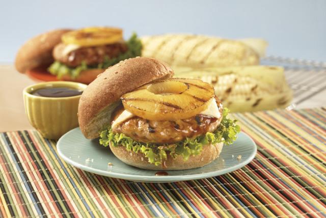 Image of a Huli Huli turkey burger on a small plate.