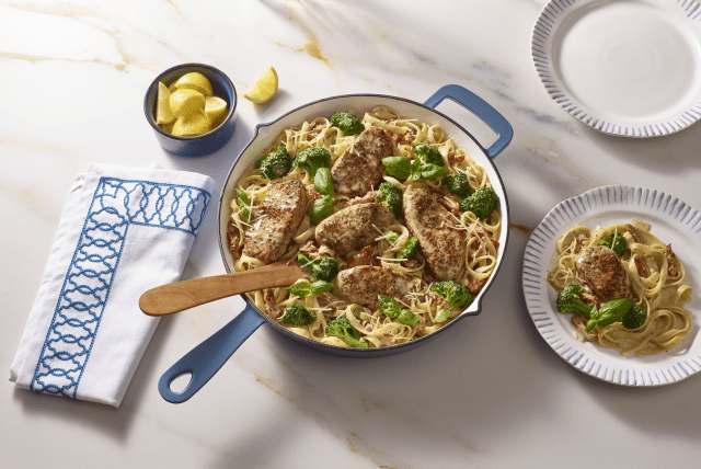 Tuscan Marry Me skillet with Butterball turkey tenderloin, pasta, and broccoli. 