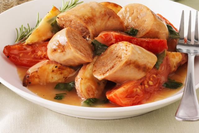 Image of Roasted Italian Style Sausage Potatoes and Tomatoes with Rosemary Basil Gravy